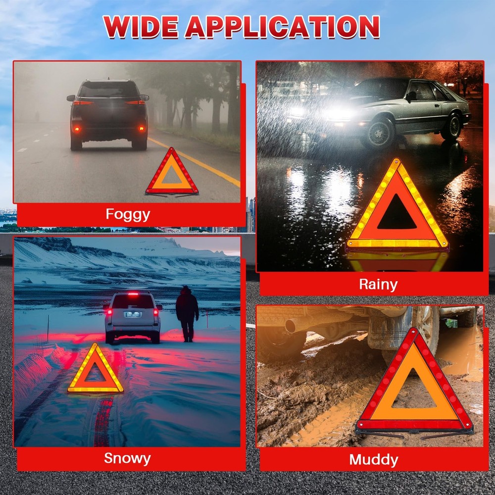 3 Pack Reflective Warning Triangles, Foldable Roadside Emergency Safety