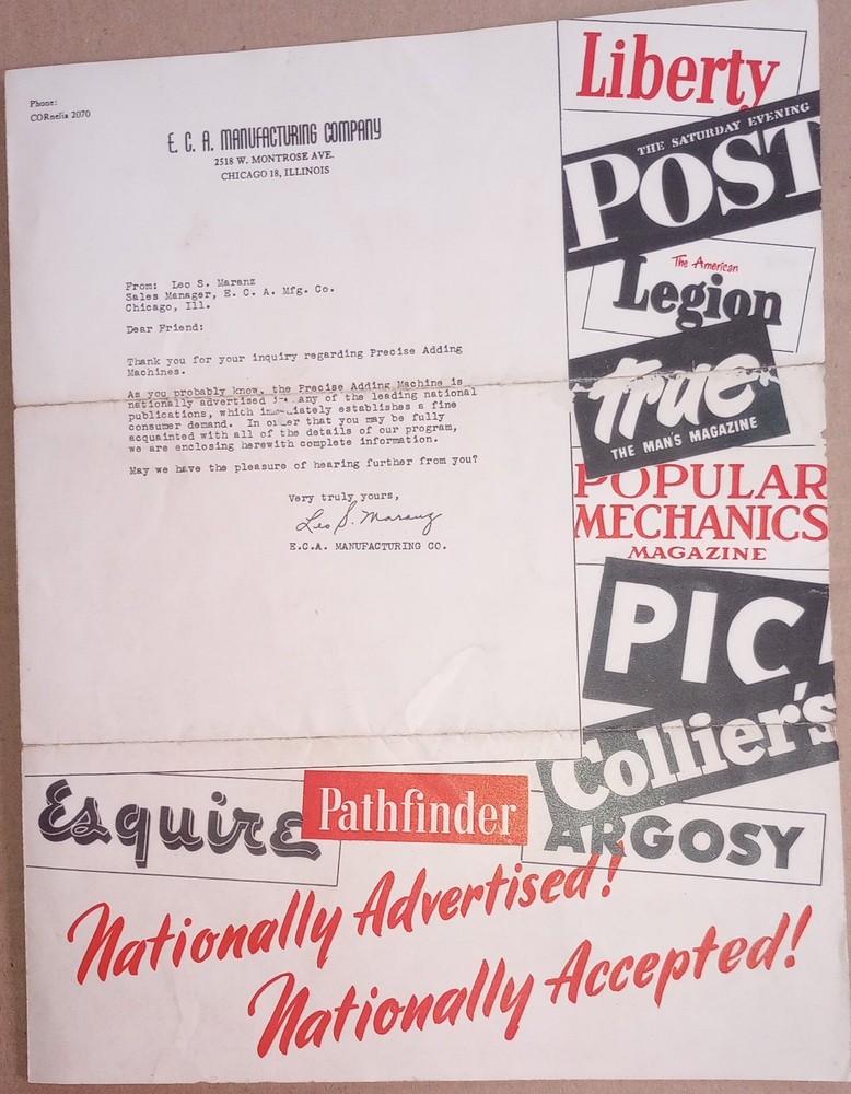 1940's-50's Precise Adding Machine Advertisement