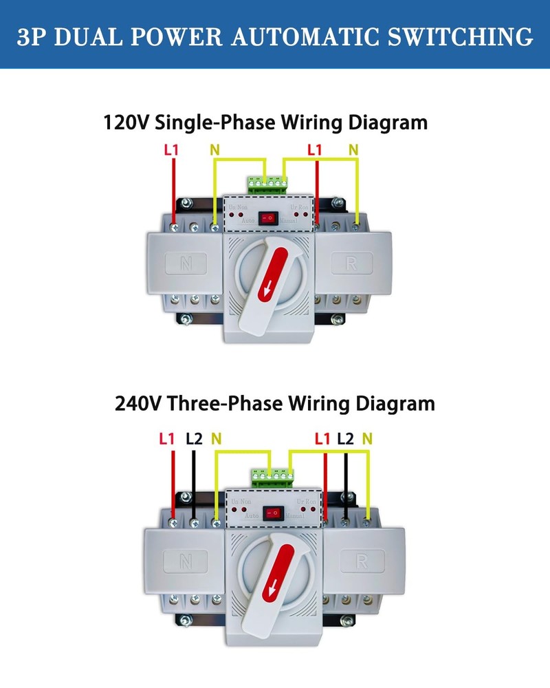 100A Generator Transfer Switch, 3P Heavy Duty Automatic Transfer Switch, 120/240