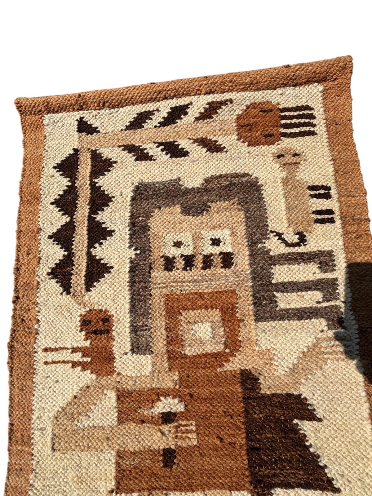 Vintage Peru 35 x 24 Hand Woven Wool Rug Tapestry Warrior Figure Peruvian