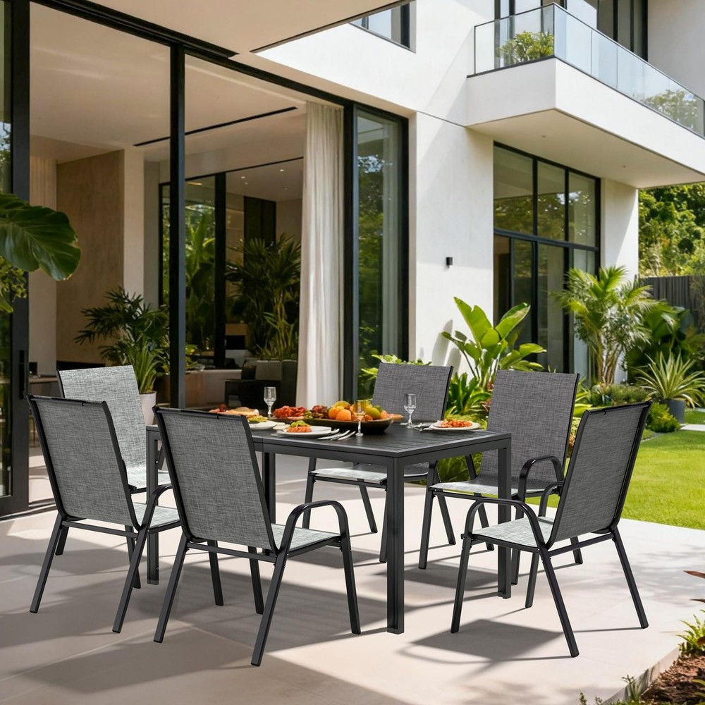 Outdoor Dining Sets for 6, Rectangular Steel Slat Table with 6 Textilene Chai...