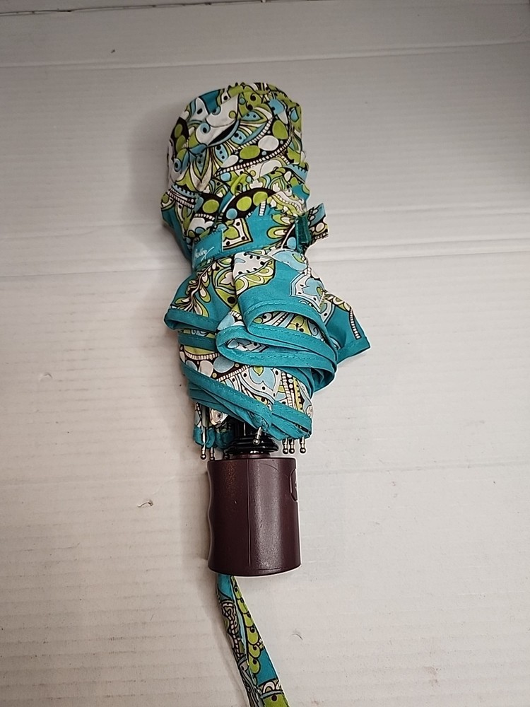 Vera Bradley Peacock Pattern Teal Blue Lime Mini Umbrella AutoOpen Compact