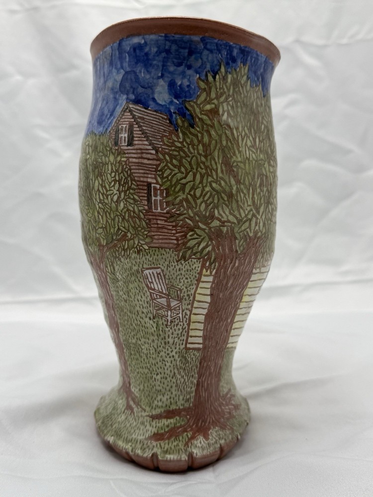 8inch Earthenware Vase With House Scene Marked