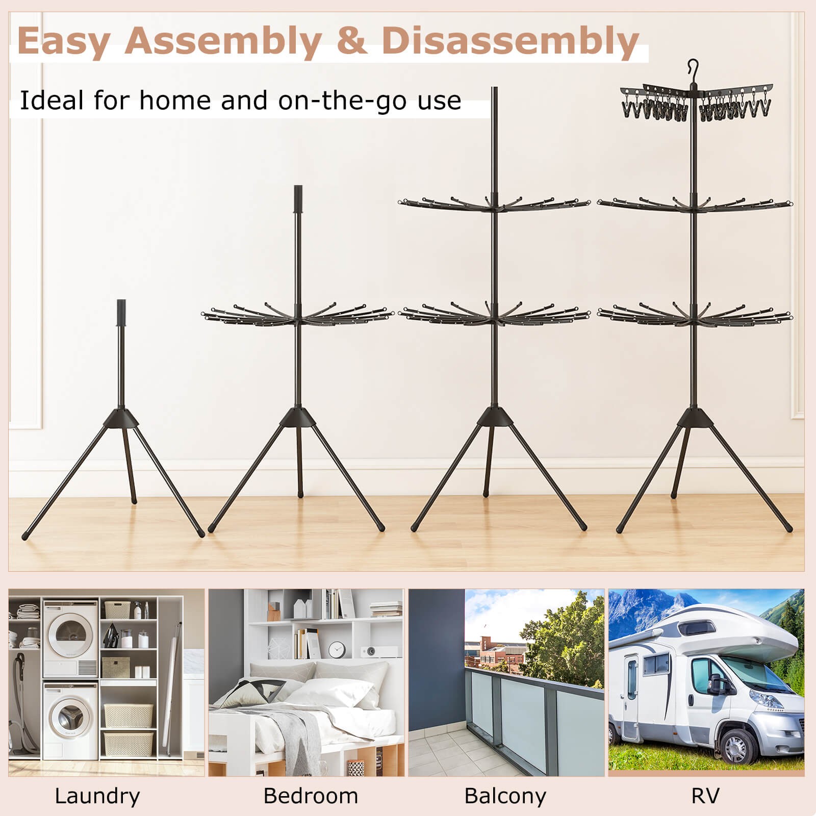 70" Folding Freestanding Tripod Laundry Drying Rack w/ 24 Clips & 32 Rods
