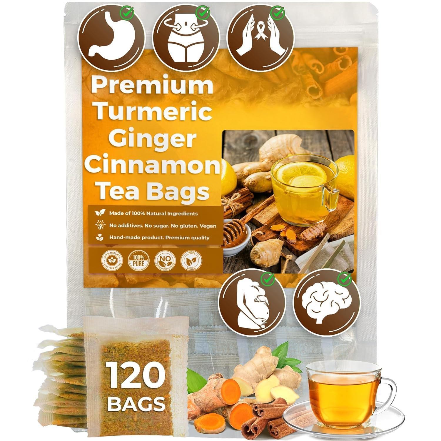 Turmeric Ginger Cinnamon Tea 120 Bags Vegan No Sugar Caffeine Gluten Free