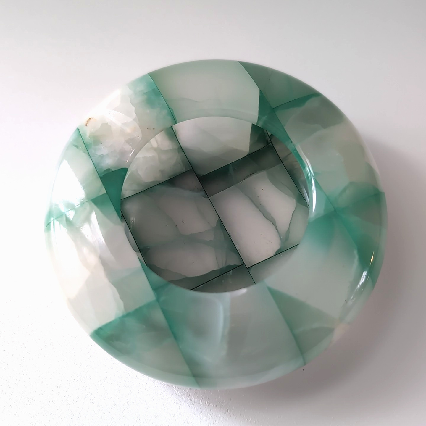 Vintage Carved Green Onyx Stone Ashtray MCM Heavy Trinket Made Italy Checkered