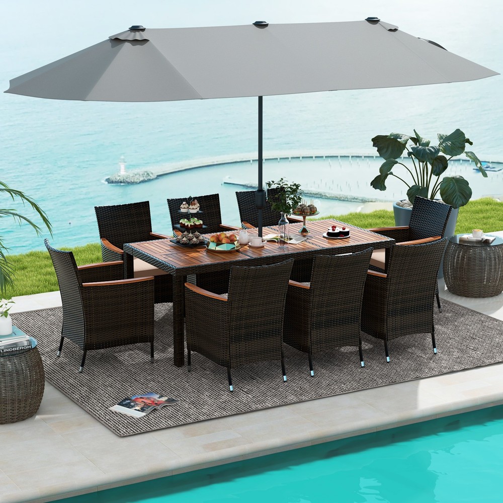 9 Piece Patio Wicker Dining Set w/ Double-Sided Patio Umbrella, Stackable Chairs