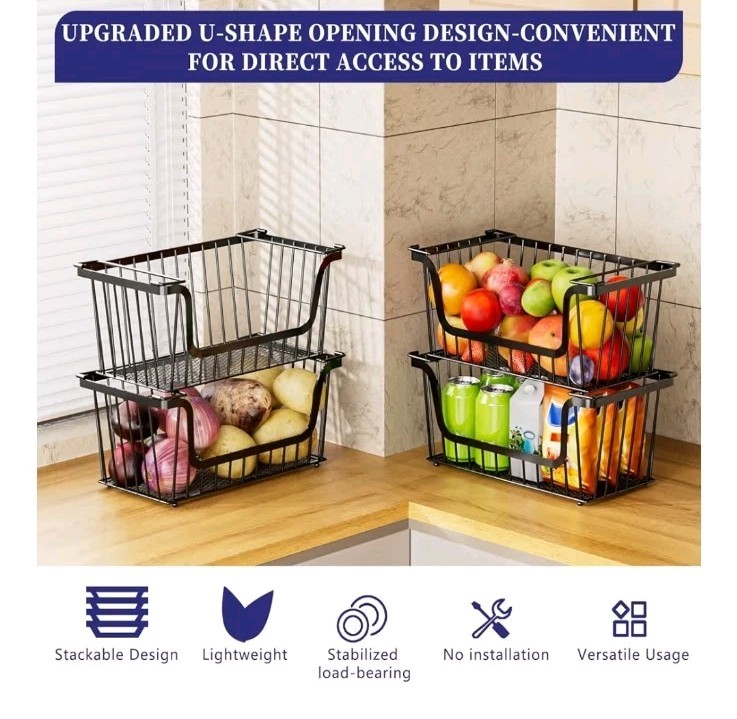 4 Pack Enhanced Leak-Proof Bottom Stackable Wire Baskets, Pantry Organizers and