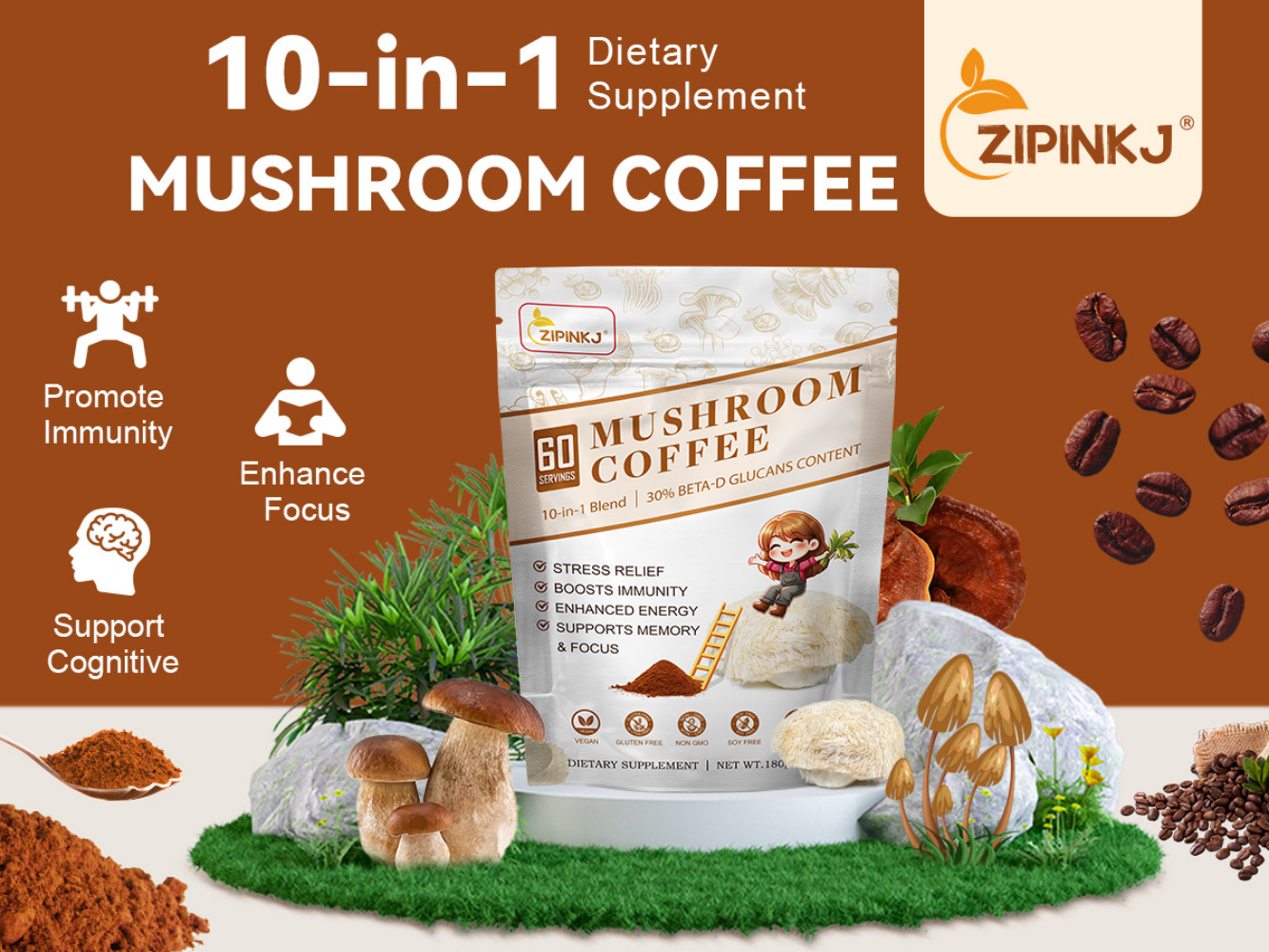New Mushroom Coffee Organic Coffee 60 Servings in One Pack, No Odor, Exp 12/2027