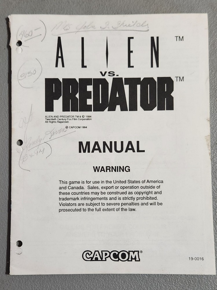 Alien Vs Predator Capcom  Arcade  Video Game Manual