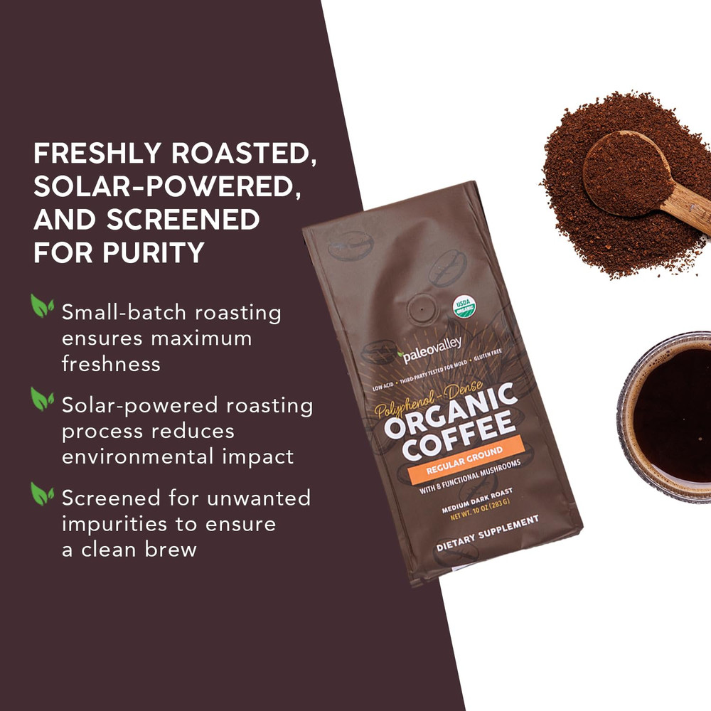 Organic Ground Coffee, 10oz - Regular, Low Acid, Single-Origin, Polyphenol-Rich,