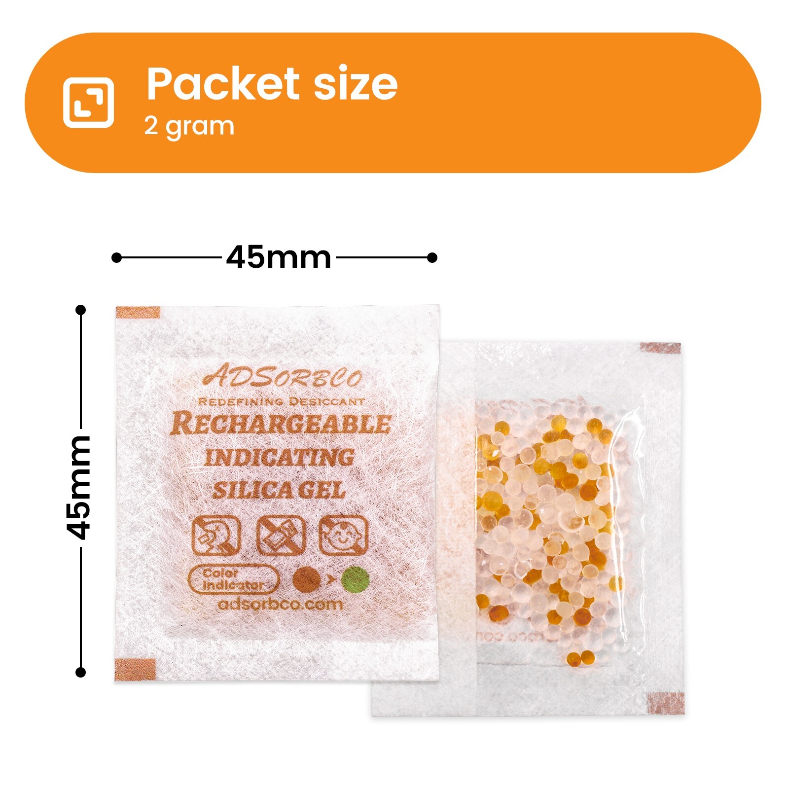 [2 Gram 100 Packages] Adsorbco Rechargeable 20% Orange + 80% White Silica Gel