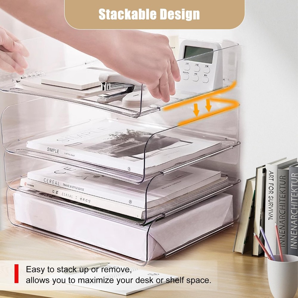 Clear Stackable Paper Trays 4 Pack, PET Letter 4 Count (Pack of 1),