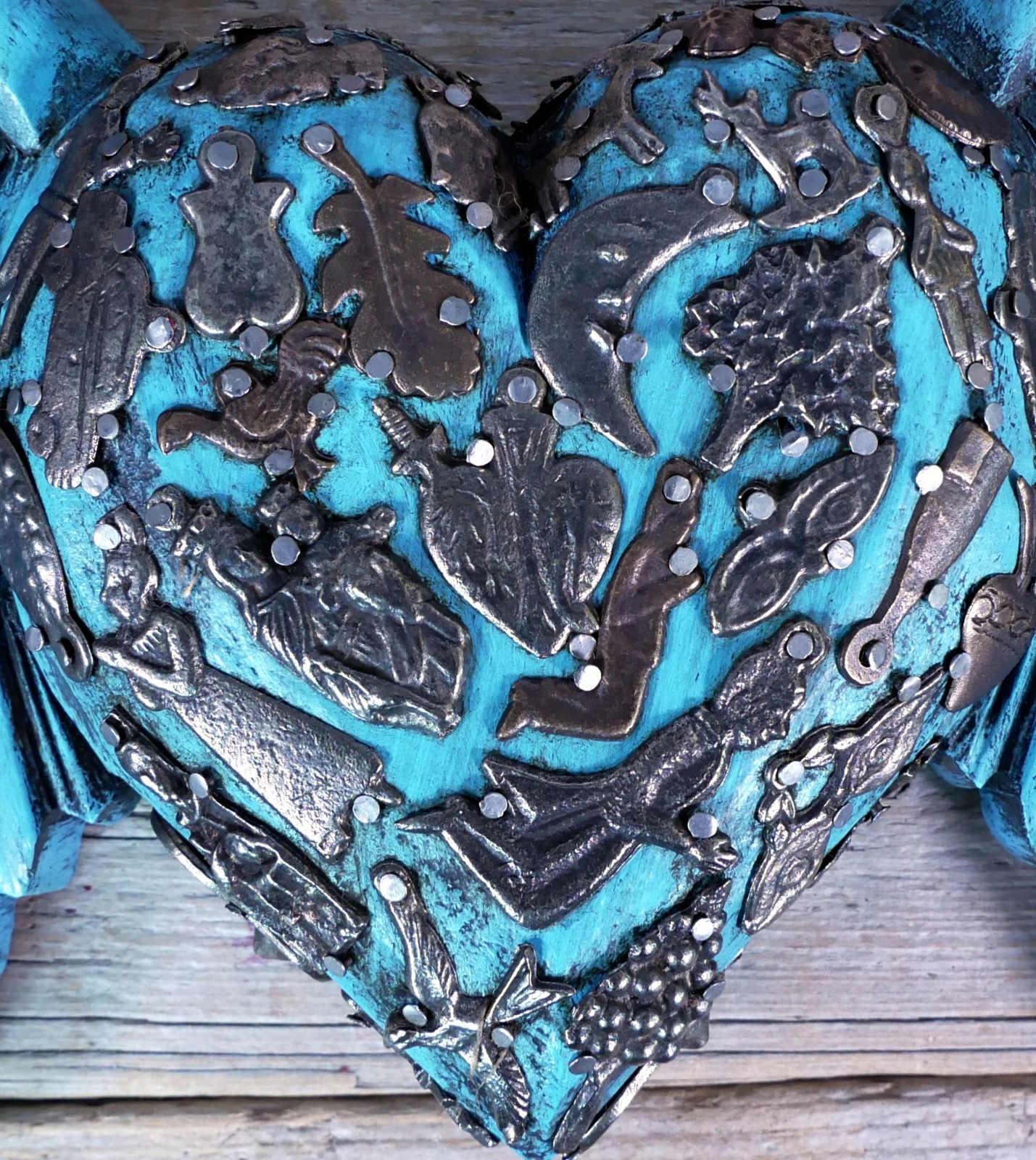 Blue Heart Wings Milagros Handmade Wood Mexican Folk Art Love Token Medium Size