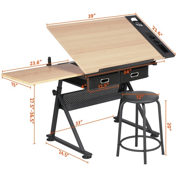 Drafting Table Height Adjustable Drawing Art Desk w/Stool for Artists/Students