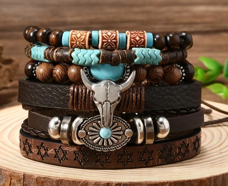 6 PC Leather Punk Bracelet Stackable Adjustable Tie New Free Ship B2794