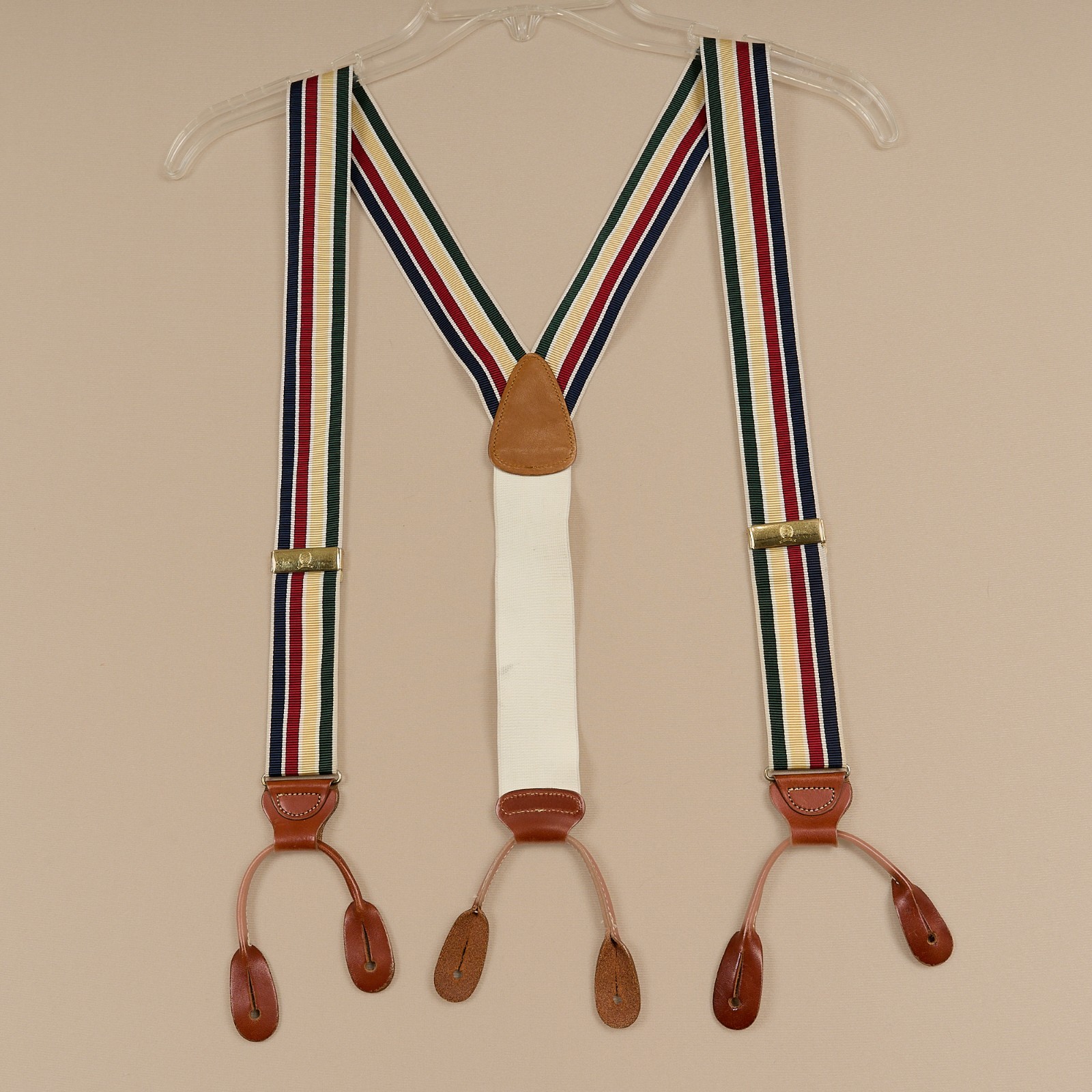 Vintage Tommy Hilfiger Suspenders Colorful Stripes Leather Button Style Brass