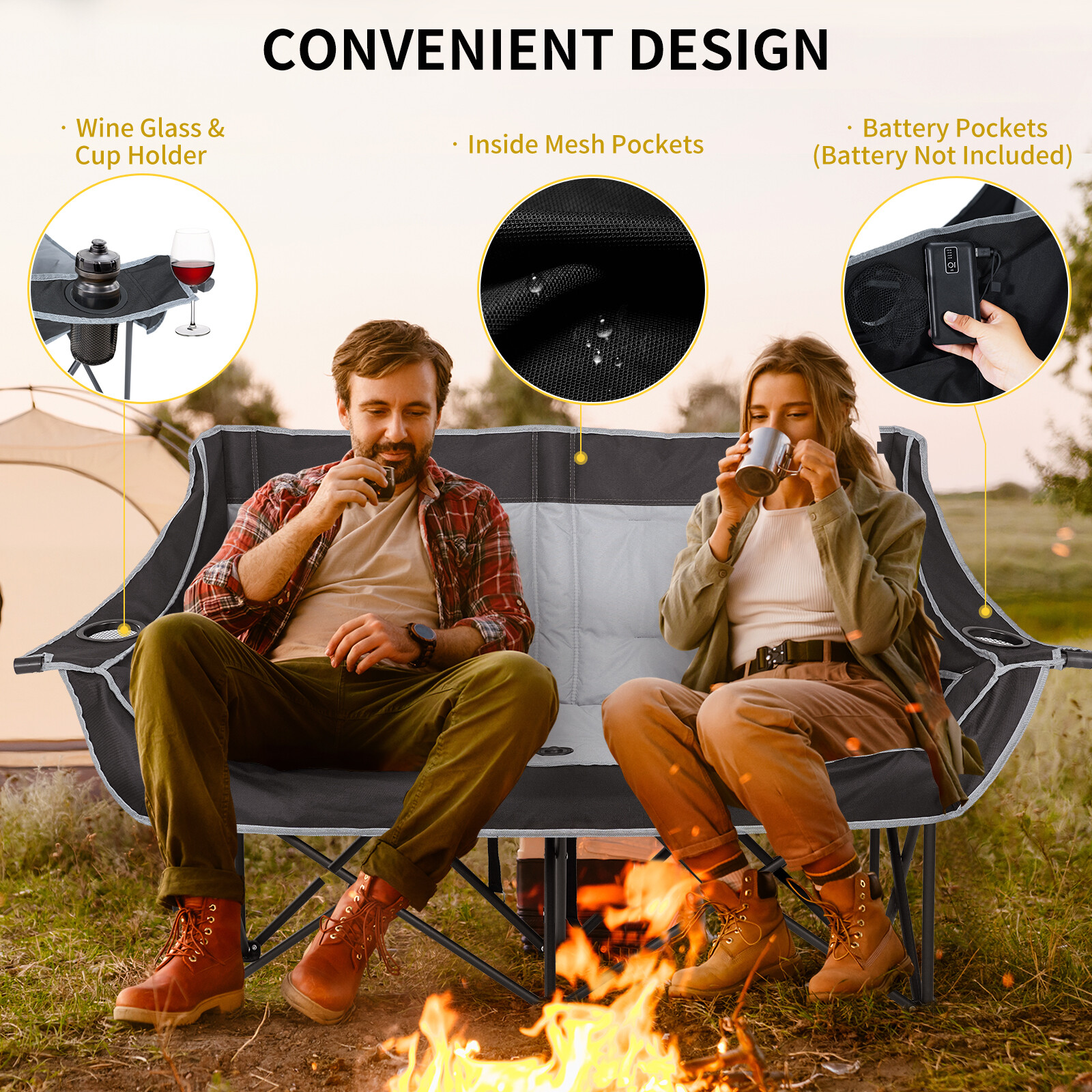 NAIZEA Heated Double Camping Chair with 3 Heat Levels Fully Padded Duo Chair