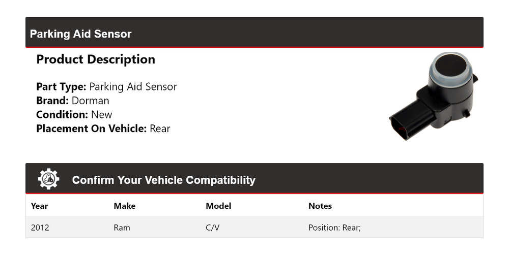For 2012 Ram C/V Dorman Parking Aid Sensor Rear