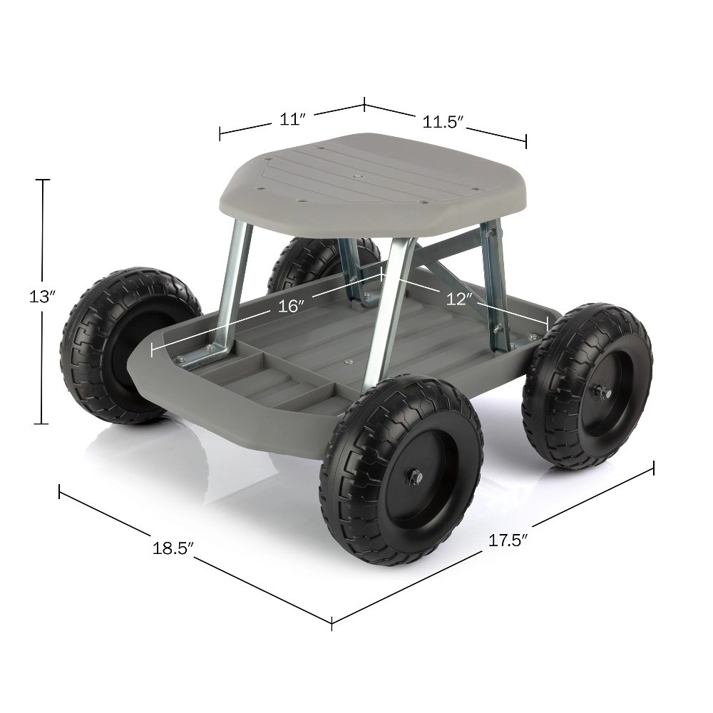 Pure Garden Gardening Stool - Rolling Garden Seat with Tray (Gray)