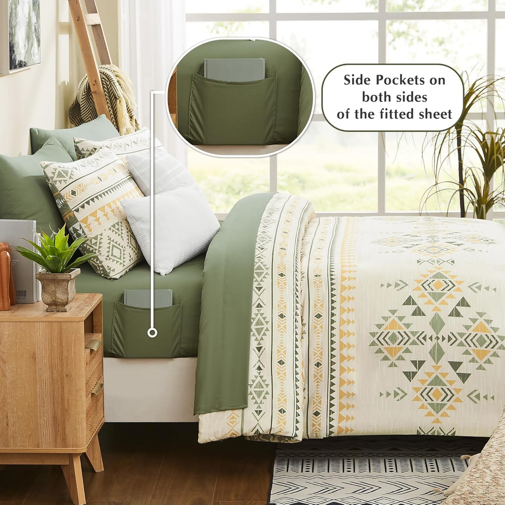 Queen Comforter Set - 7 Pieces Reversible Bedding Set, Boho Bed in a Bag, Lightw