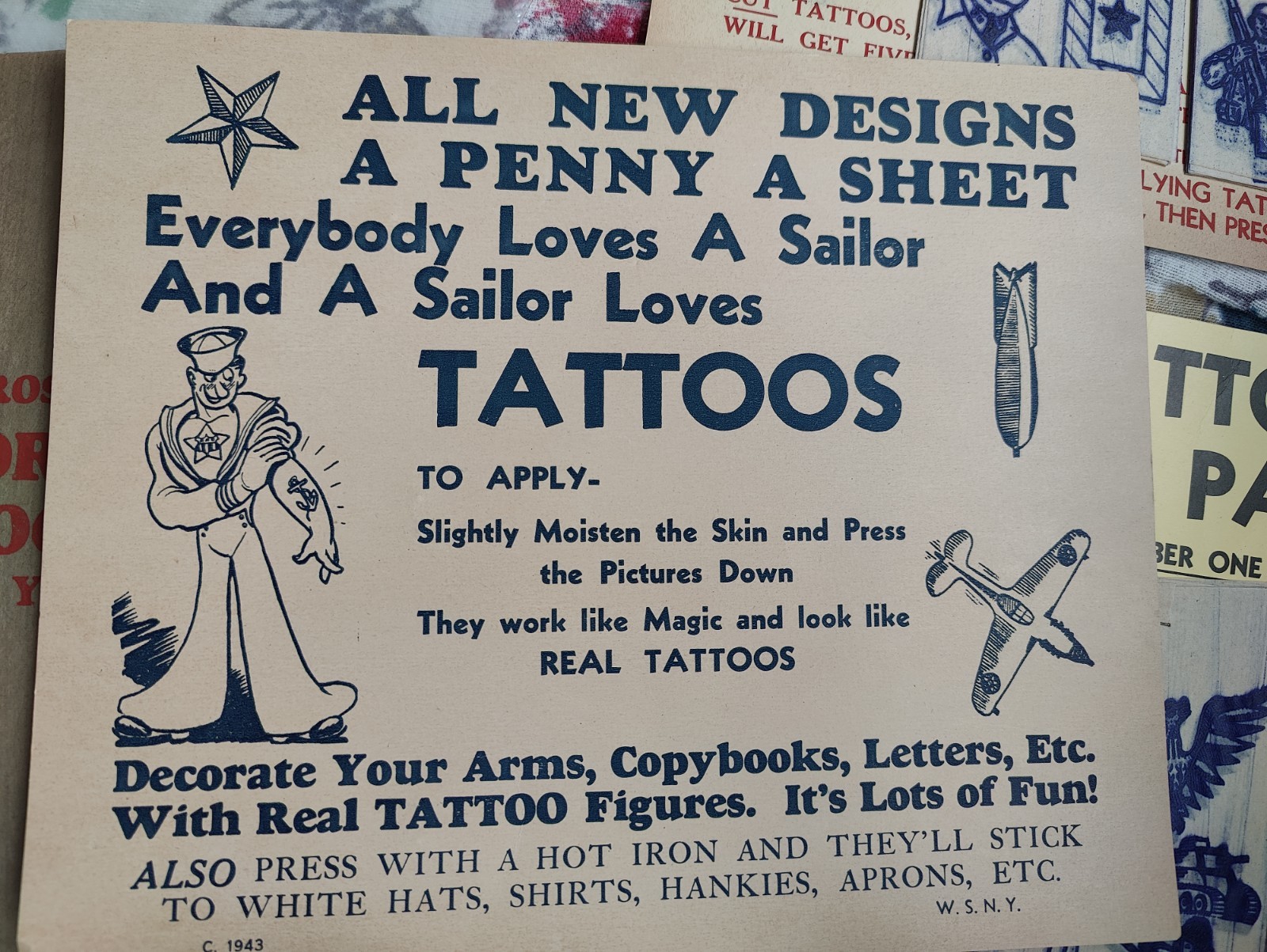 Vintage WWII Era Victory Tattoos Lot W.S.N.Y. Penny a Sheet Sailor Patriotic...