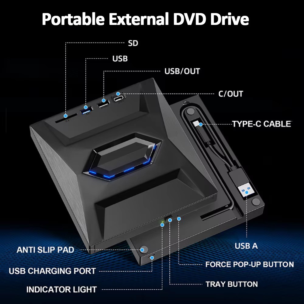 External CD DVD Drive Reader Writer CD Burner USB3.0 Type-C for PC Windows 11 10