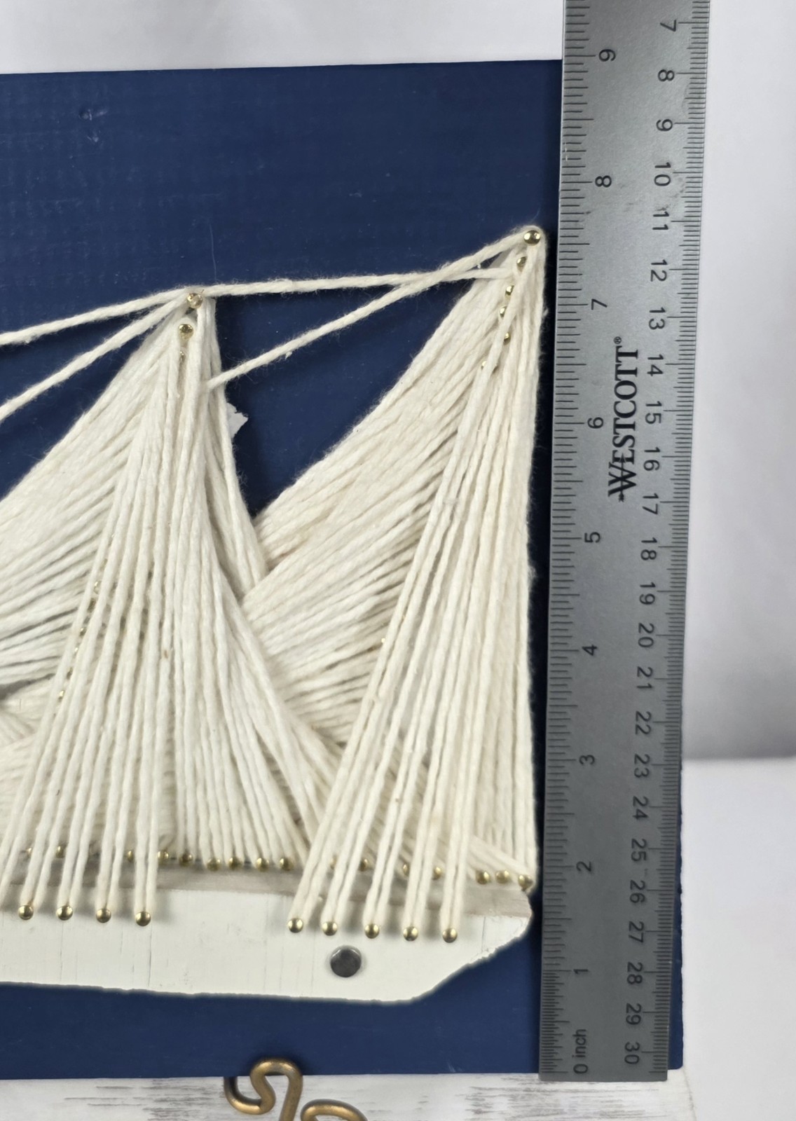 Vintage Handmade String Art Ship/Boat On Wooden Blue Plaque Nautical Decor