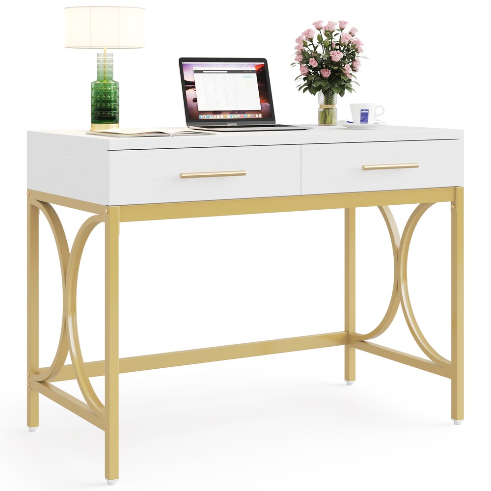 41" White Computer Desk with 2 Drawers, Modern Study Writing Desk with Storage