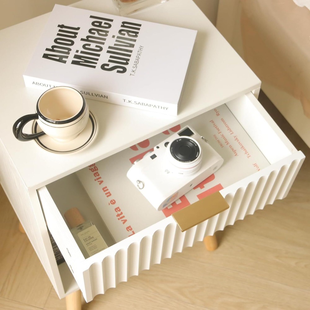 White Nightstand, Modern Bedside Table with Drawer and Opening Storage,