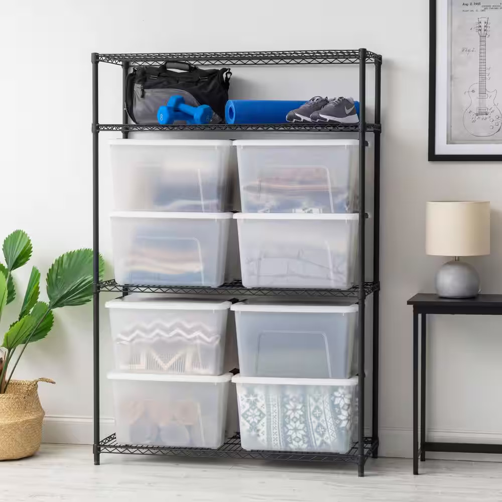 53 Qt./13.25 Gal. Stackable Nesting Storage Tote with Black Latching Clips, Whit