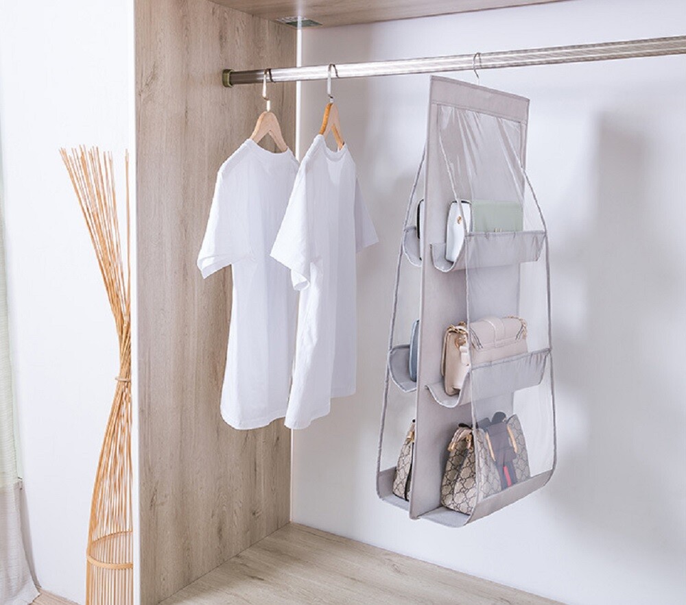 Hanging Handbag Organizer for Wardrobe - 6 Pocket Shelf Bag Storage Holder