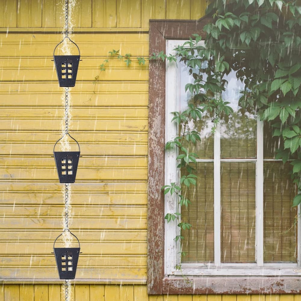Square Rain Chain, 10 Ft Black Rain Gutter Chains with 12 Cups, Adjustable Ra...
