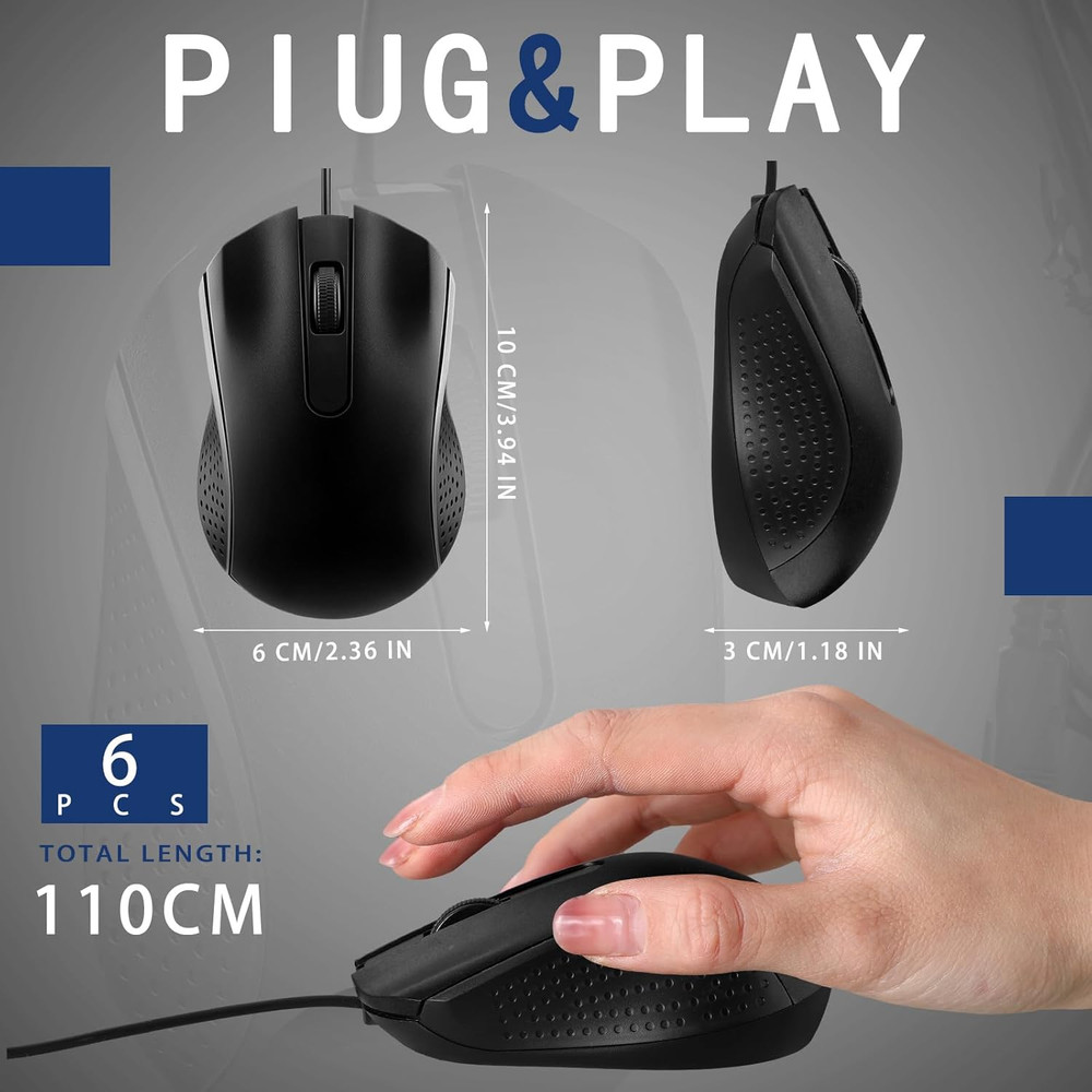 Tellegloww 6 Pcs Wired USB Computer Mouse Bulk 3 Button Corded Wired Mouse for L