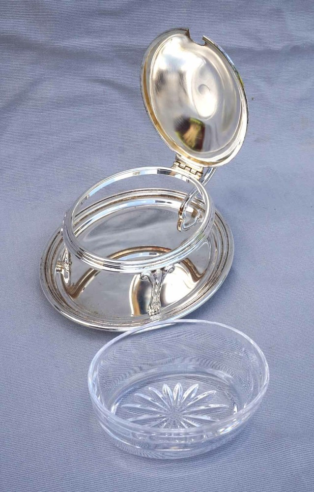 French Jam Condiment Lidded Serving Dish Silverplate Cut Crystal