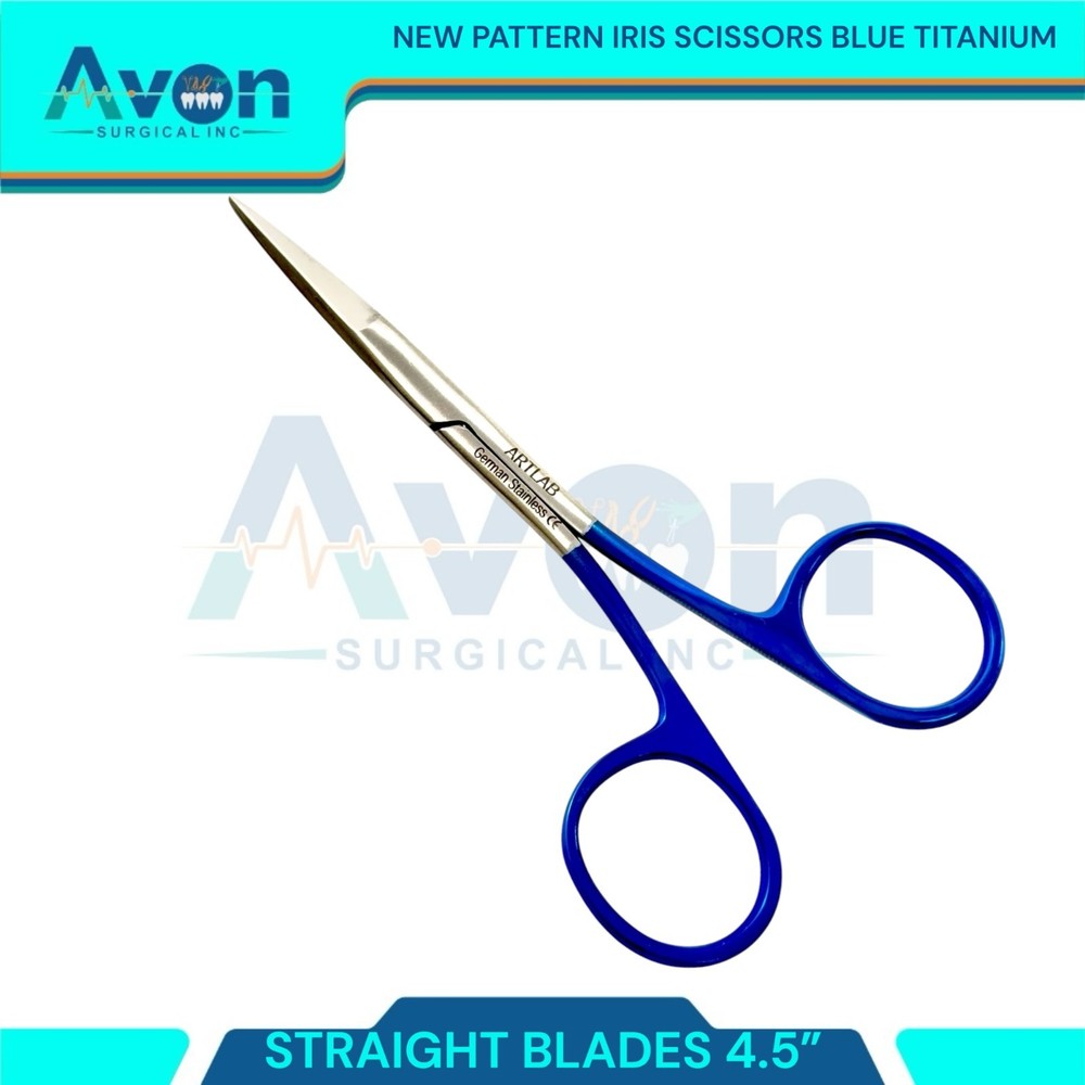 New Pattern Straight Blades Iris Scissors 4.5" Titanium Coated Rings - Blue -1pc