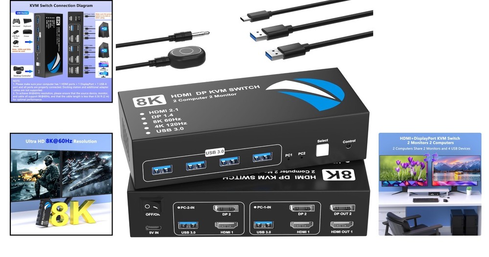 Compact HDMI DisplayPort KVM Switch – 2 PCs & 4 USB Ports – Easy Switch