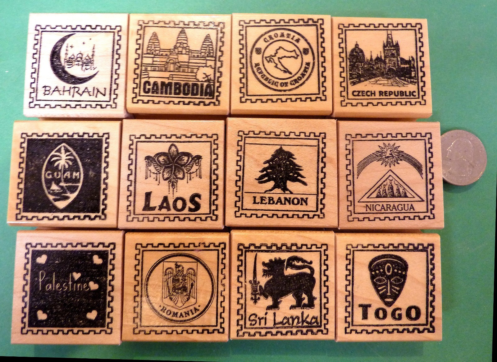 Country and Continent Passport Stamp Frame Rubber Stamps, wood mtd., your choice