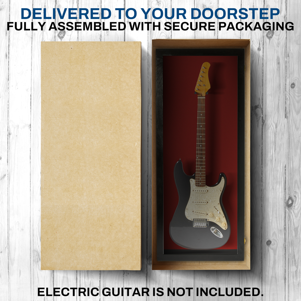 Guitar Display case/ Solid hardwood Strat/gibson Black with Red Felt Background