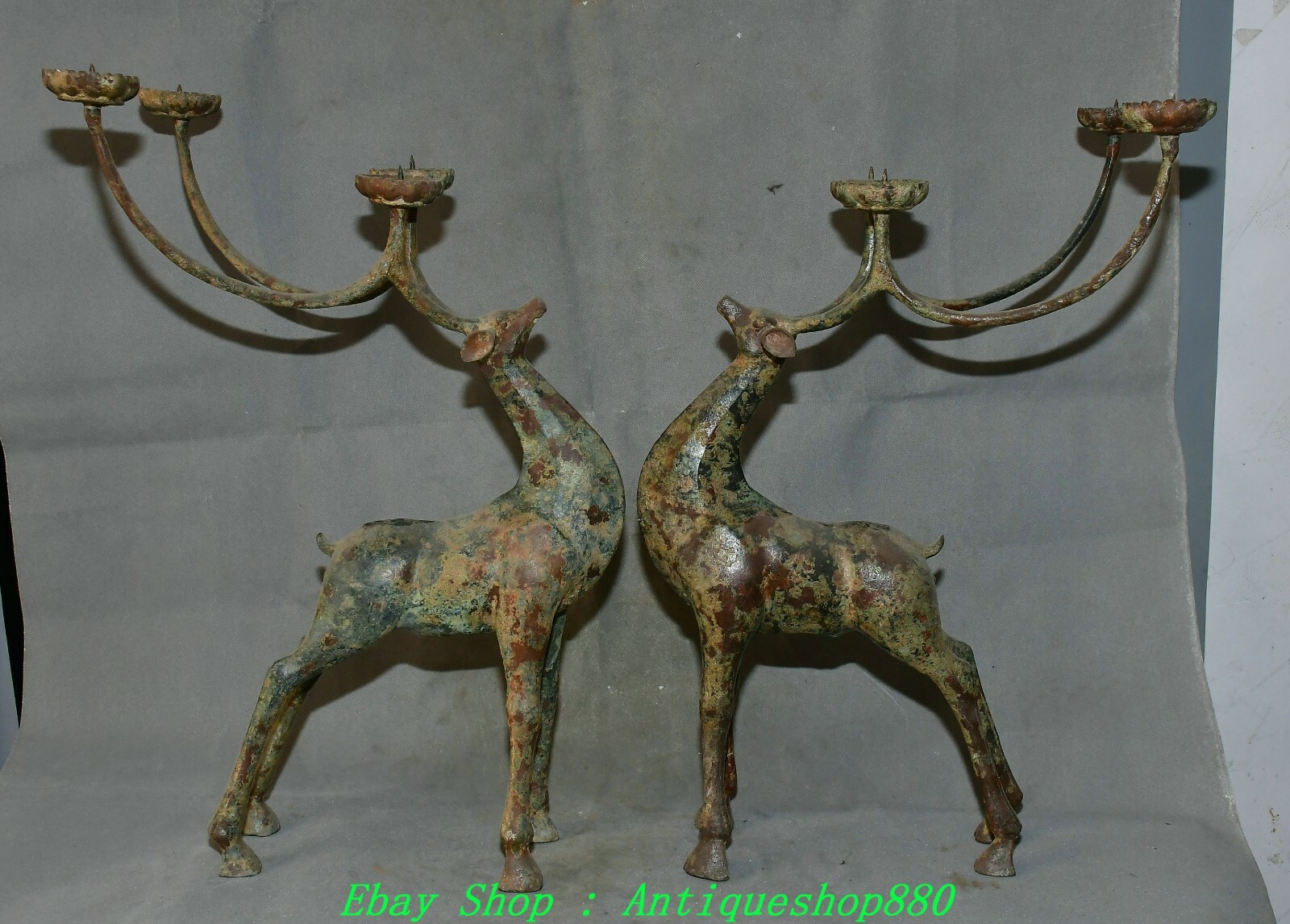 20.8'' Old China Dynasty Bronze Ware Deer Candle Holder Candlestick Statue Pair