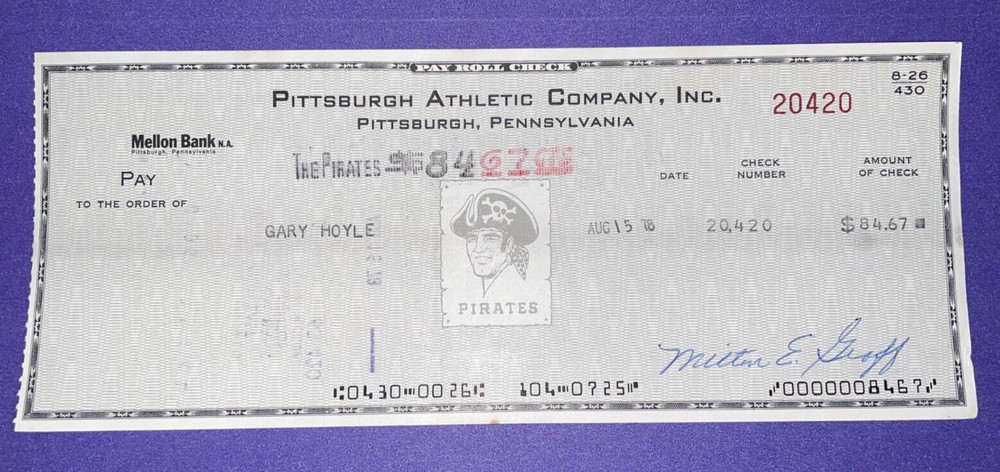 1978 Pittsburgh Pirates: Payroll Check: Gary Hoyle - catcher