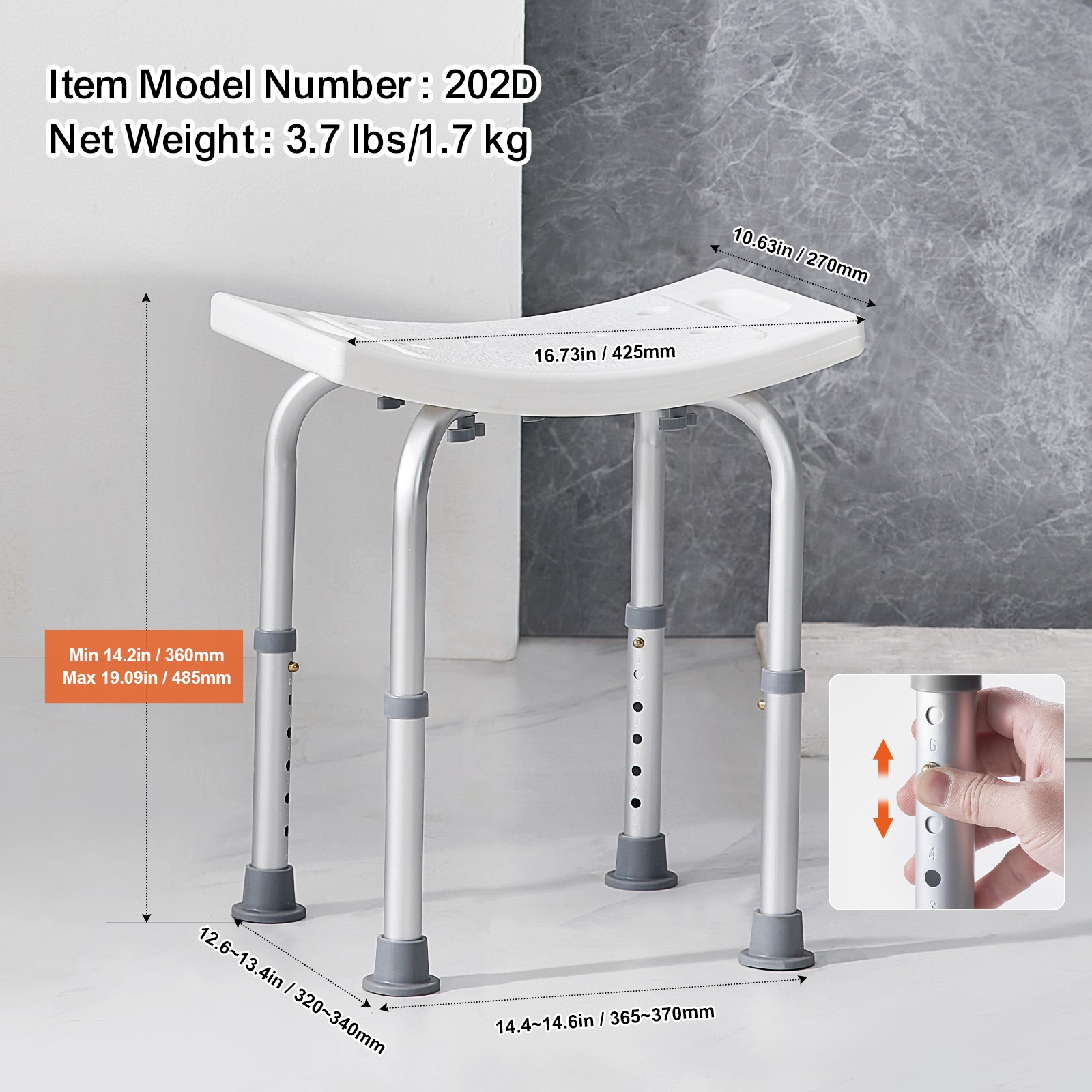 Height Adjustable Shower Chair Seat, Padded Bath Stool Bench
