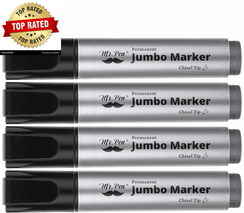 Jumbo Permanent Markers, 4 Pack, Chisel Tip, Black, Thick, Large, Wide Tip