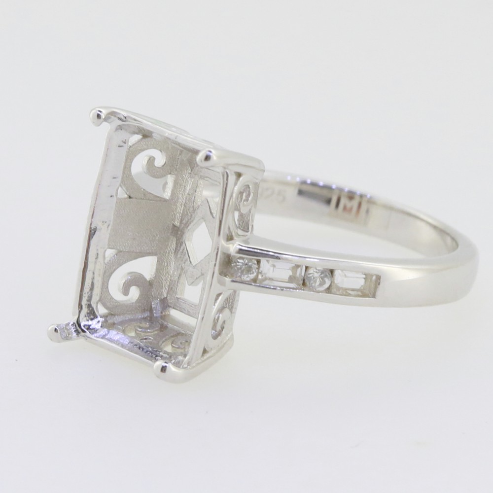 Sterling Silver Semi Mount Ring Setting for Emerald OCT 14x10mm Baguette