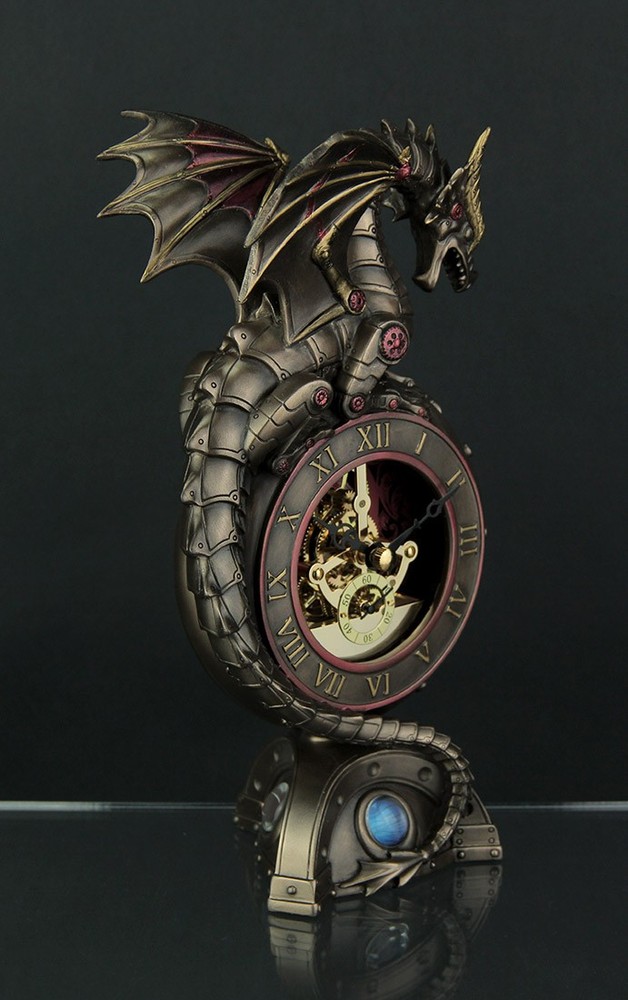 Steampunk Dragon Bronze Finish Table Clock With Moving Clockworks