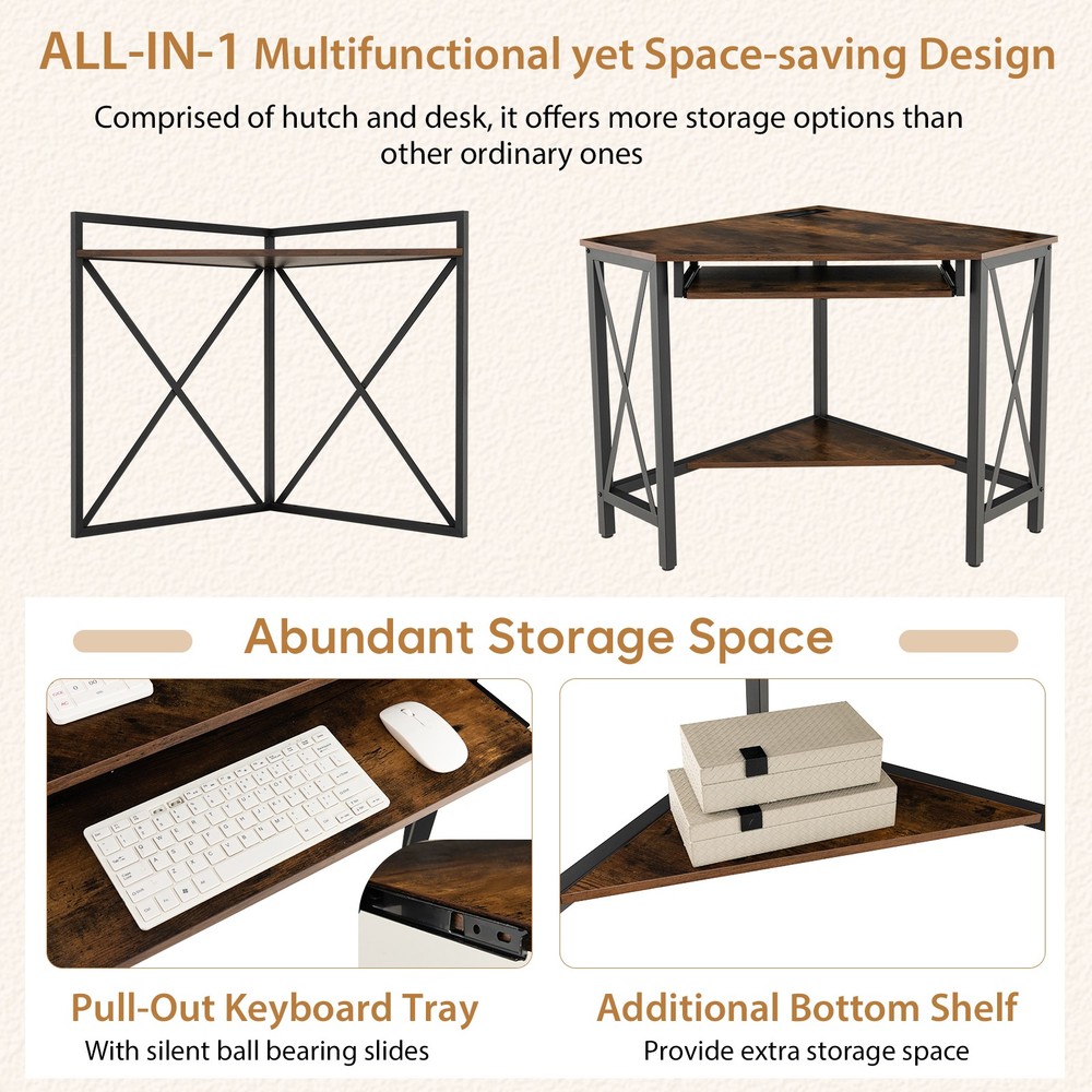 Corner Desk Space-Saving Computer Desk w/ Shelves & Keyboard Tray Rustic Brown