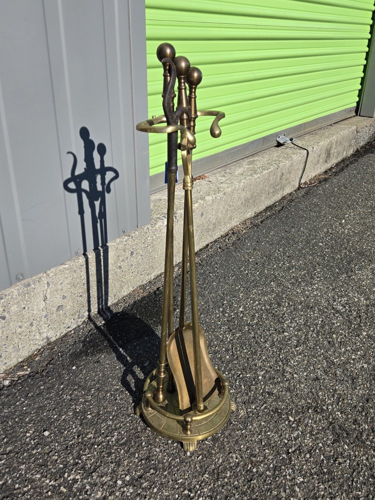 Vintage Solid Brass Fireplace 3 Tools with Stand Set 4x PIECE Round Claw Footed