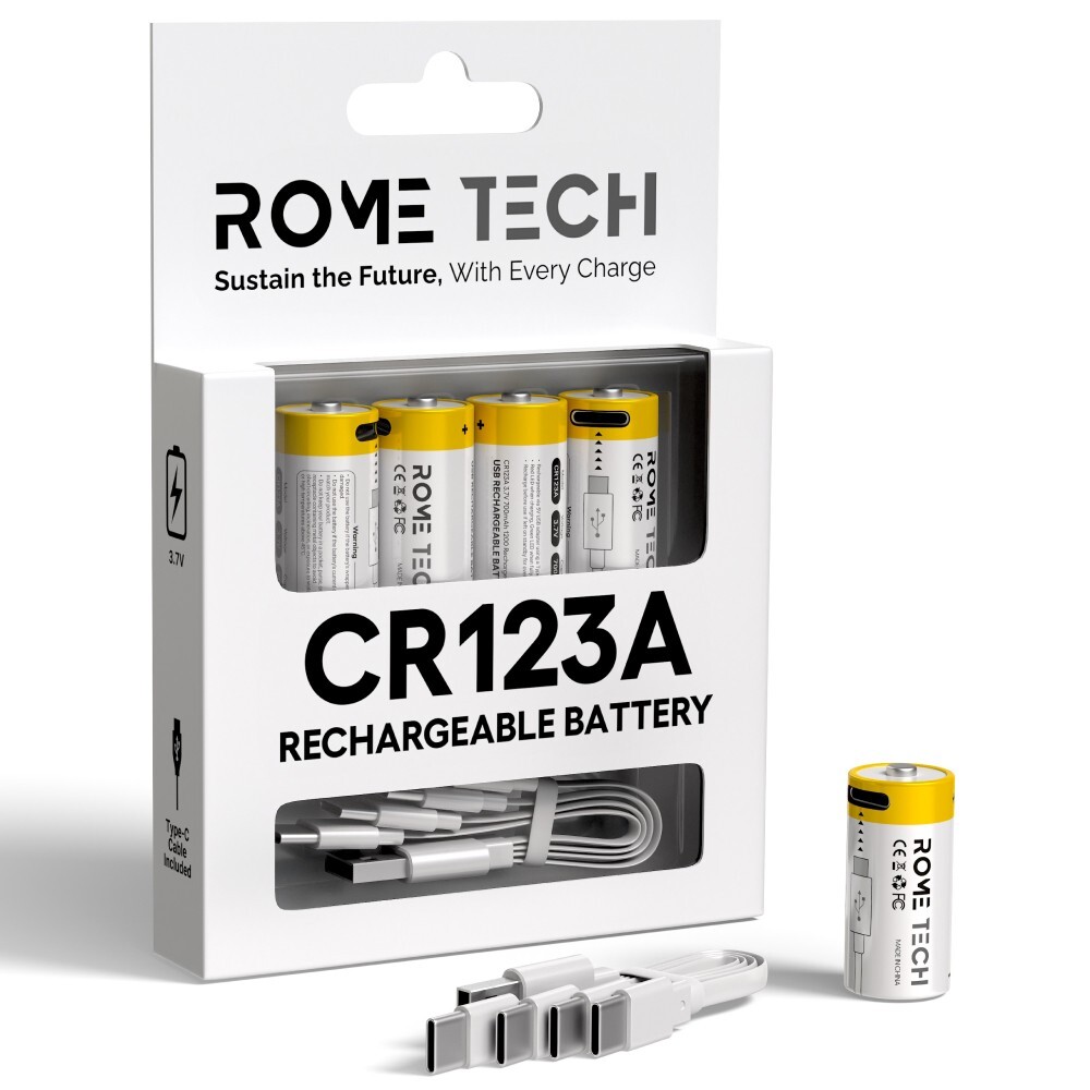 CR123A Rechargeable Batteries 3.7V 700 mAh with USB-C Charging Cable - 4 Pack