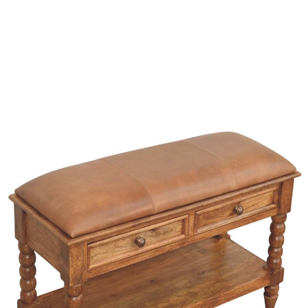 Leather Spindle Storage Bench - Amber Oak