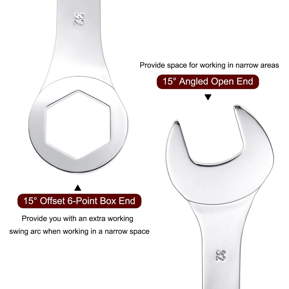 Thin Combination Wrench with Offset 6-Point End and Angled Open End 32mm